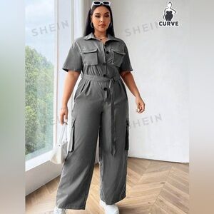Plus Size Women's Solid Color Short Sleeve Workwear Jumpsuit With Pockets